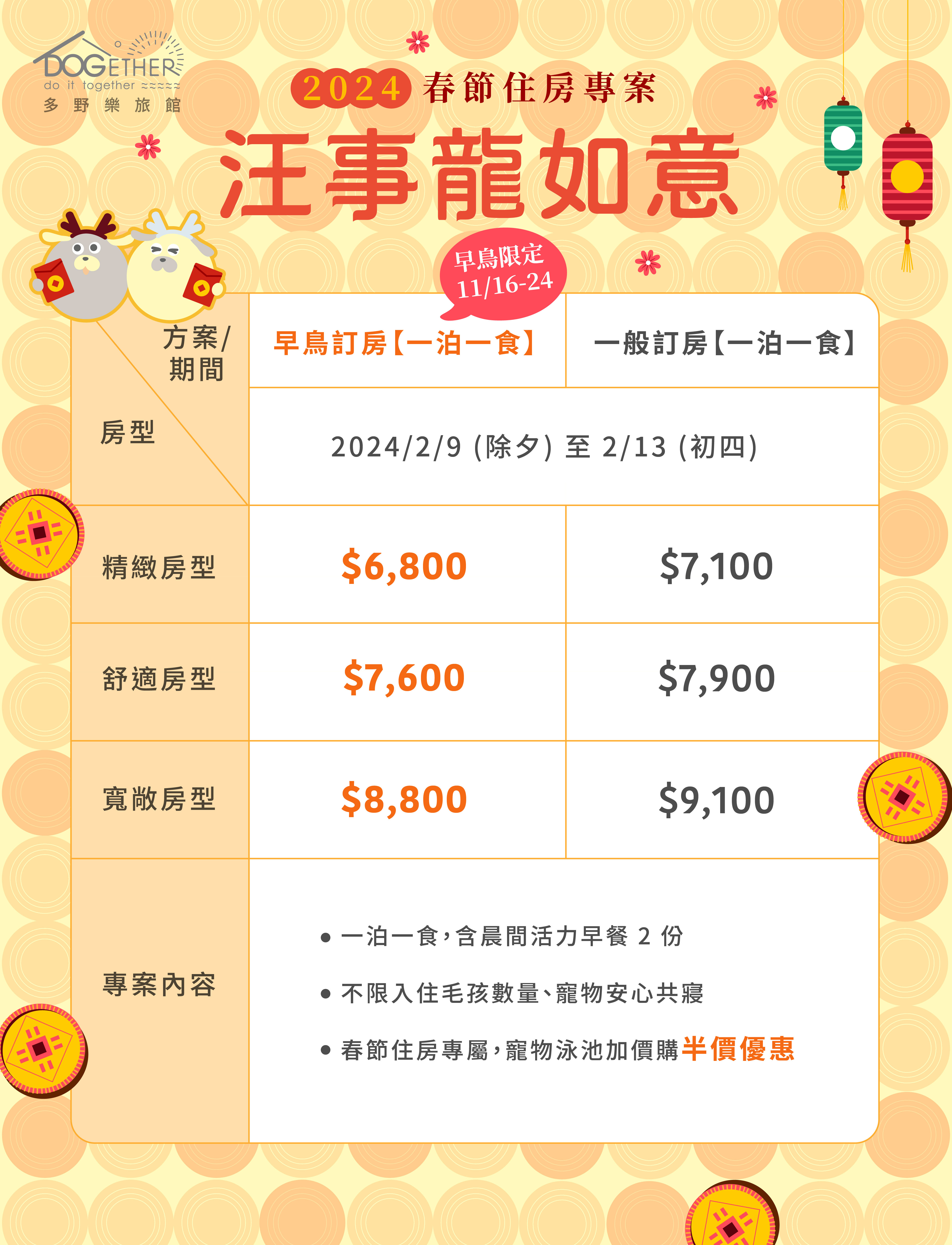 多野樂旅館|【汪事龍如意】2024 春節住房專案 2 2024過年線上 價格表